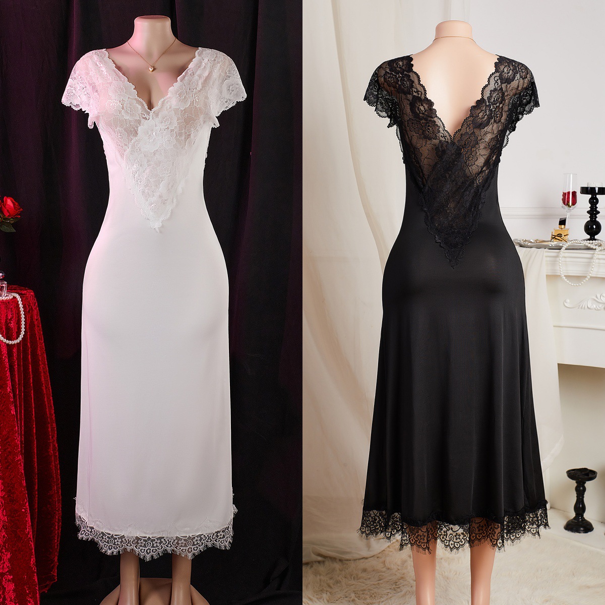 Black and White Nightgown, Lace Long Nightgown, V Neck Slimming Look, Ready-Made Pajamas from the Manufacturer, Solid Color