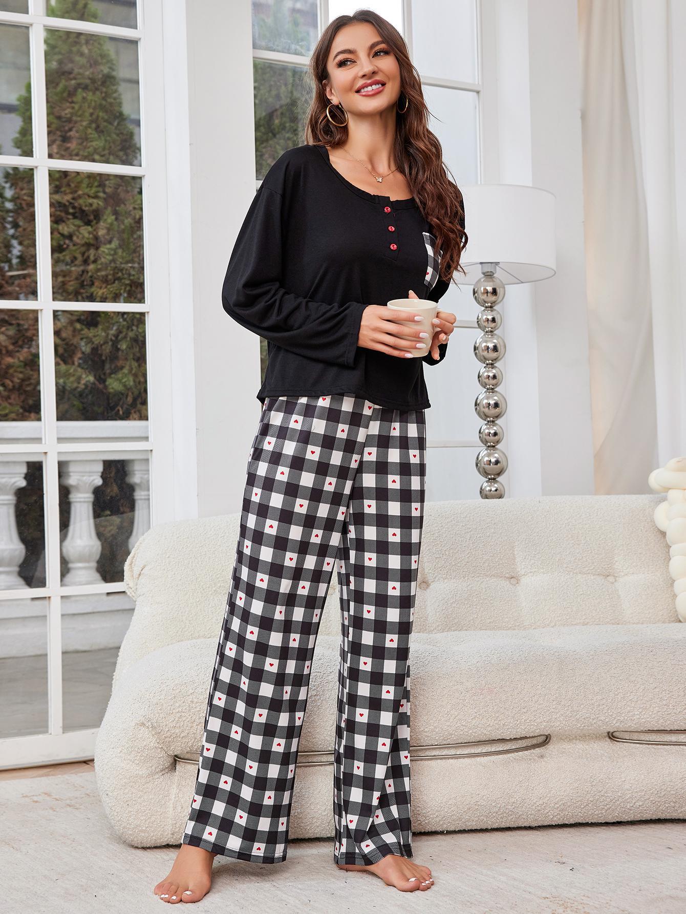 Sleepwear for women, spring and autumn checkered long sleeved cardigan, two-piece home suit_voghion.com
