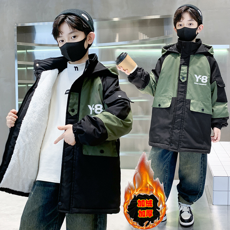 (2개) 어린이 착용 소년의 겨울 기모 코튼 코트 2023 대형 어린이 두꺼운 소년의 큰 편지 인쇄 후드 탑