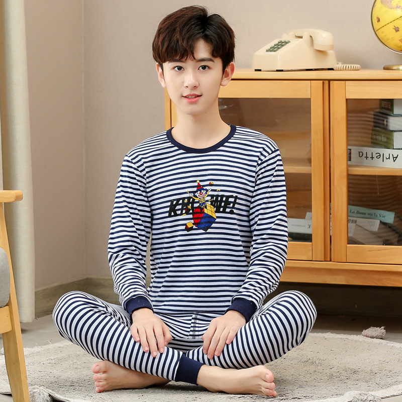 Conjunto de ropa interior juvenil Ropa de otoño para niños medianos y grandes pantalones largos traje suéter de algodón acolchado suéter de rayas para niños