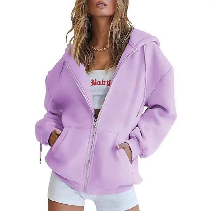 Cross-Border Amazon Independent Site Autumn and Winter Fleece Hooded Cardigan Sweatshirt Solid Color Zipper Shirt Sports Top Cross-Border Amazon Independent Site Autumn and Winter Fleece Hooded Cardigan Sweatshirt Solid Color Zipper Shirt Sports Top