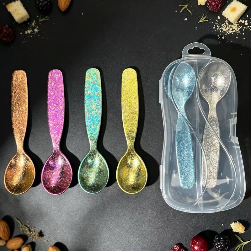 Pure titanium children's spoon and fork portable cutlery storage set, high-temperature crystallized ice pattern, antibacterial, mold-resistant, high aesthetic dessert spoon Pure titanium children's spoon and fork portable cutlery storage set, high-temperature crystallized ice pattern, antibacterial, mold-resistant, high aesthetic dessert spoon