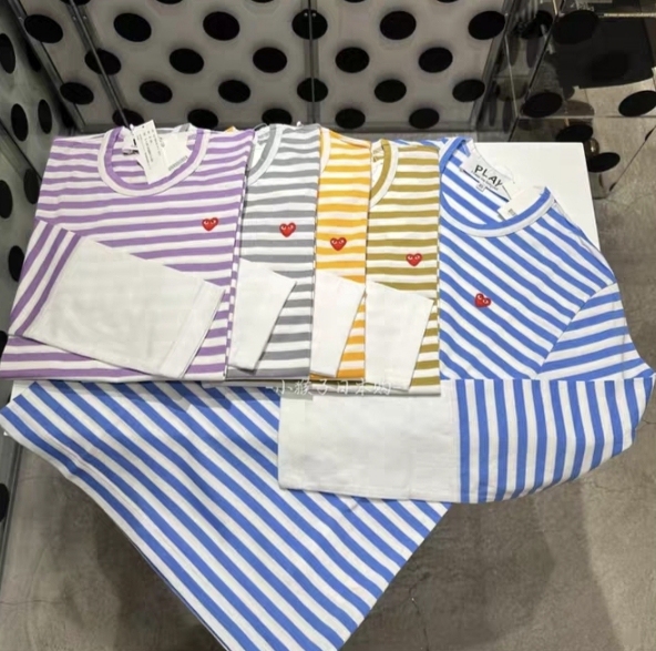Chuanjiuplay Vertical Stripe Embroidery Heart Stripe Solid Color Patchwork Color-Blocking Unisex Long-Sleeve T-Shirt 2024 Casual Versatile
