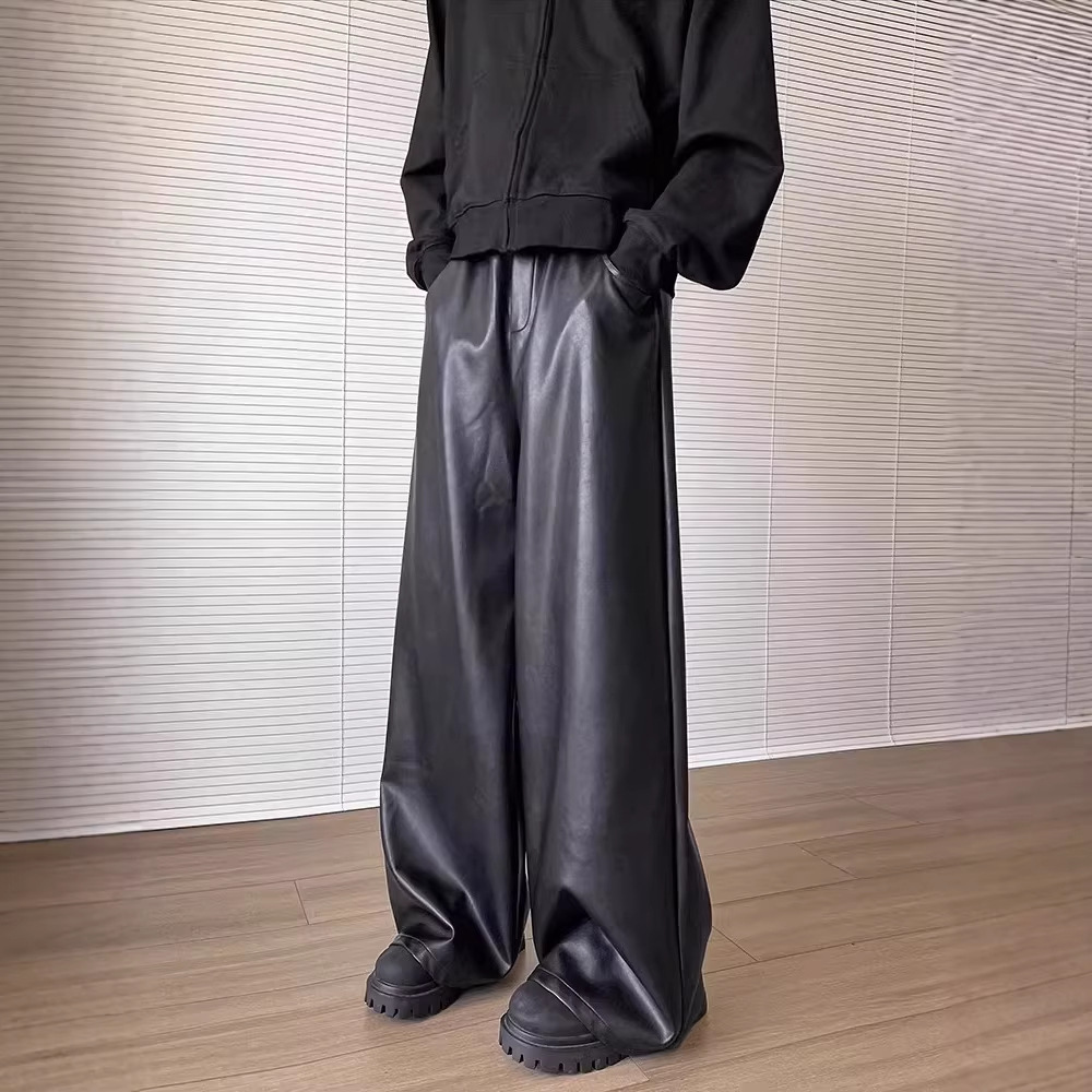Amerikanische Herren-Motorradhose aus PU-Leder, lässig, trendig, schwarz, locker, gerades Bein, weites Bein, mittelhoher Bund, Frühling/Herbst_voghion.com