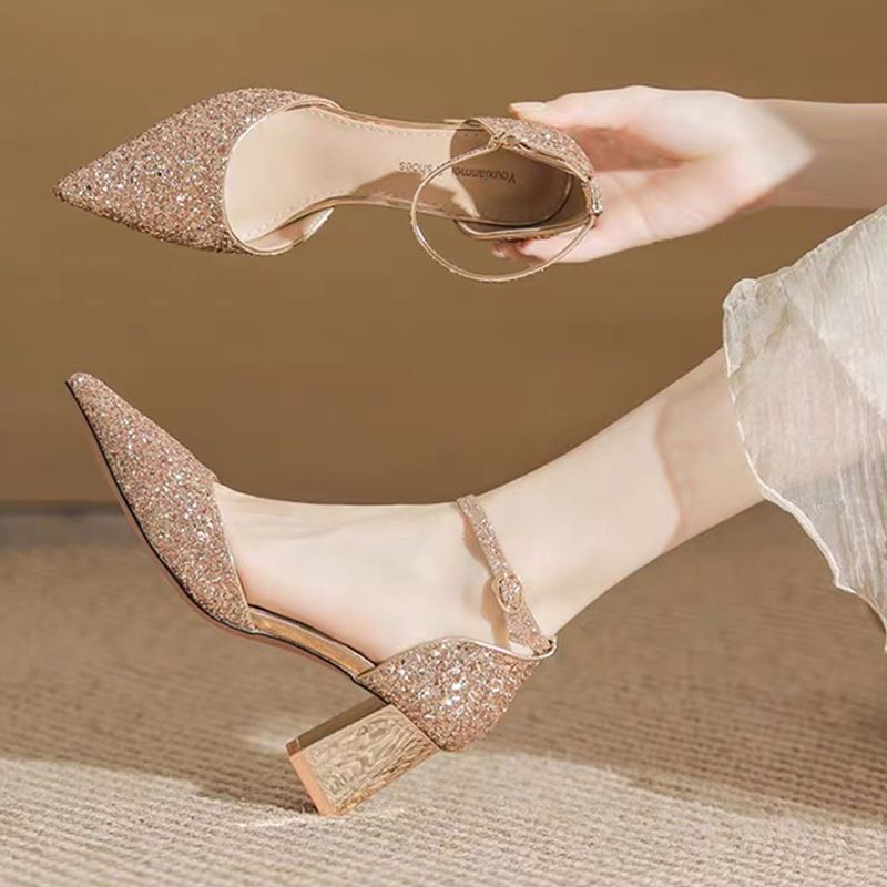 2025 Spring/Summer New Fashion Chunky High Heels Women's Sequin Hollow Strap Single Shoes High Heel Closed-Toe Sandals Women