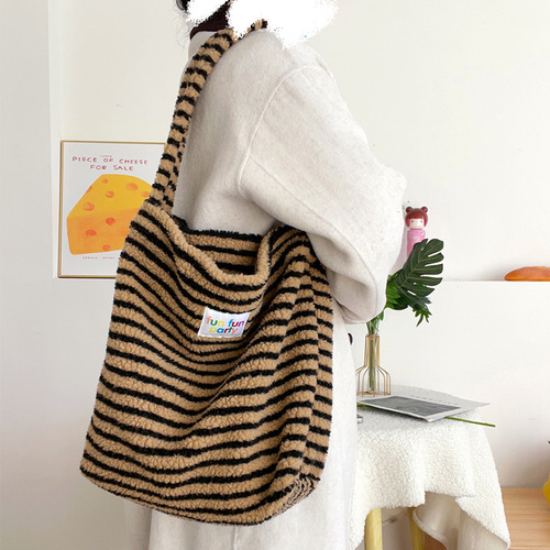 Korean Style Fashion Striped Color Block Plush Single Shoulder Bag Autumn/Winter New Arrival Large Capacity Tote Bag Women Commute Bag Student Bag