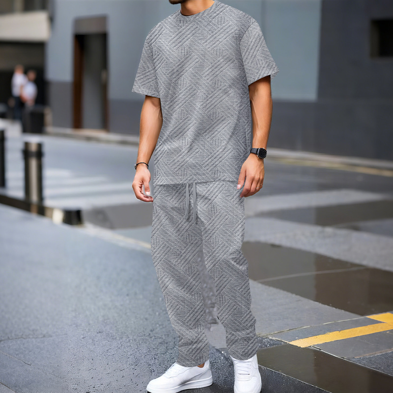European and American Cross-Border 25 Summer Men's Heavyweight Pure Color Jacquard Round Neck Short-Sleeved T-Shirt Pants Outdoor Leisure Two Sets