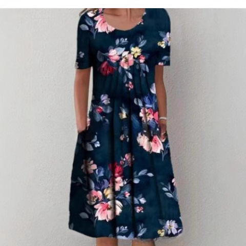 Plus Size Spring And Summer Women's Elegant Big Skirt Round Neck Short Sleeve Dress_ecoleips.com