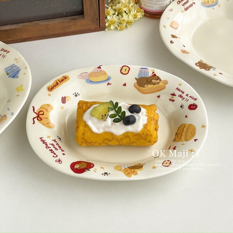 Cute Breakfast Plate, High-Looking Kidsren's Dinner Plate, Household Ceramic Oval Plate, Exquisite Fruit Snack Plate, Dessert Plate