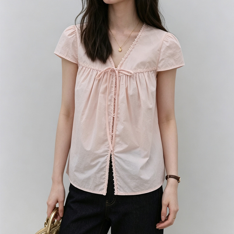Pink Lace-Up V-Neck Short-Sleeved Shirt for Women, 2026 New Summer Style, French Chic and Beautiful Top