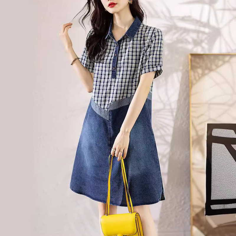New Casual Summer Fashion Plaid Denim Patchwork Dress Loose Fit for Women
