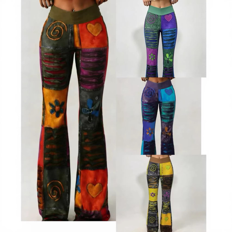 2026 European and American Cross-Border Women's Ethnic Style Tie-Dye Flared High-Waisted Slimming Slightly Spicy Pants with Retro Print 2026 New Model