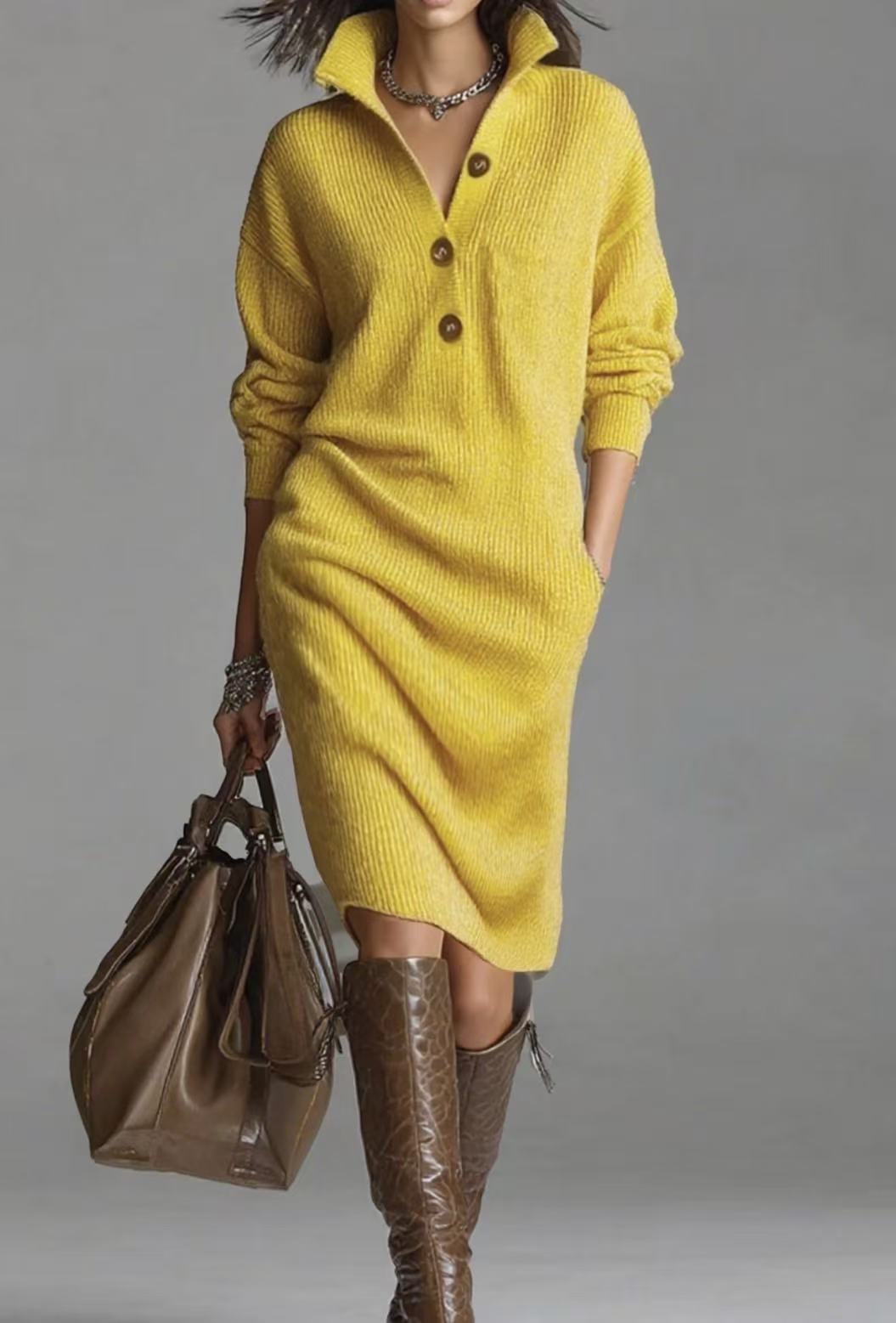 Robe pull en maille boutonnée femme robe casual mi-longue automne_voghion.com