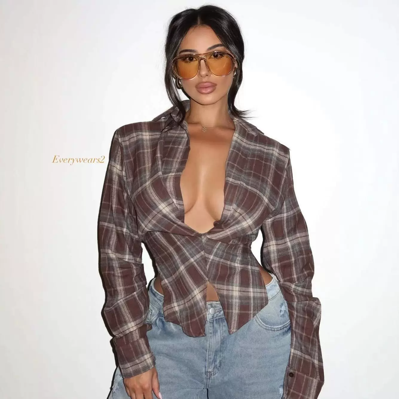 欧美时尚女装格纹休闲性感折叠袖开叉套头V 领衬衫上衣女