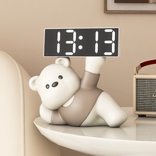 奶油风熊时钟摆件闹钟客厅卧室装饰品桌面摆放钟表台式电子钟