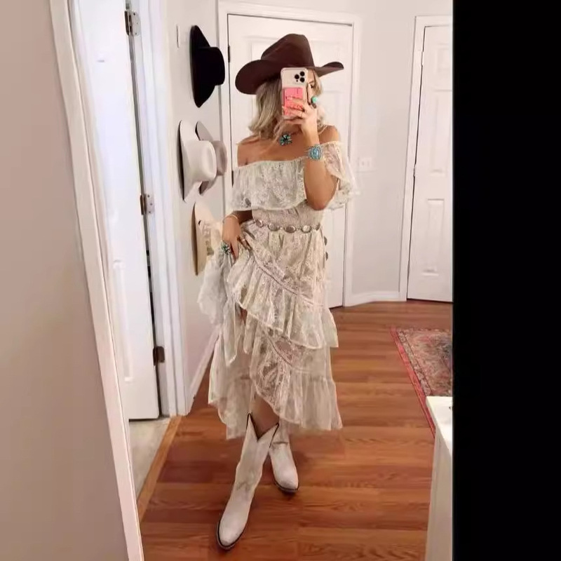 European and American Bohemian Lace Long Skirt White Beach Skirt New Tube Top One Shoulder Sexy Dress for Women