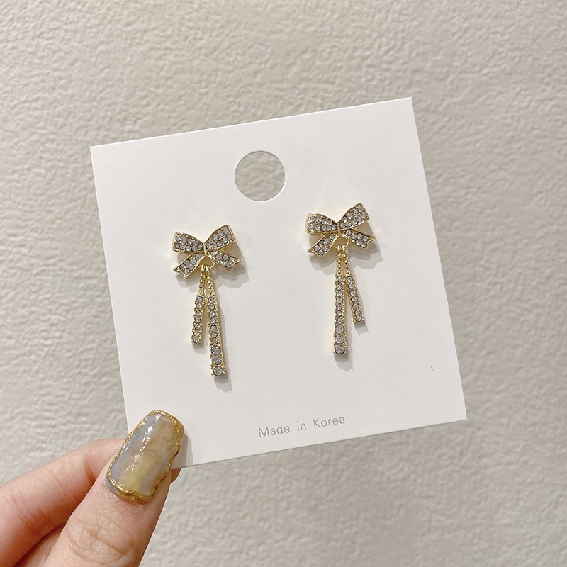 simple style long full diamond tassel bow earrings
