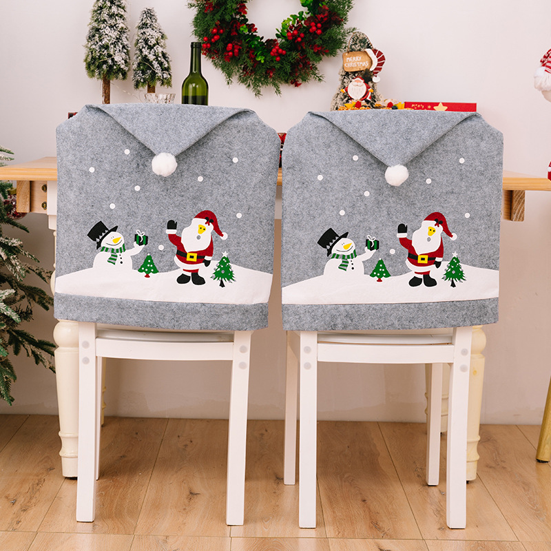 Decorações de Natal para casa Capa de cadeira cinza estampada para idosos Boneco de neve Capa de cadeira não tecida Chapéu de Natal_voghion.com