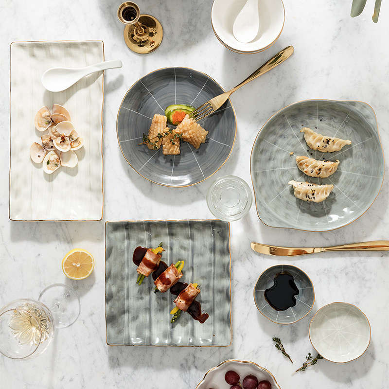 Tazón y plato traje nórdico borde dorado luz lujo vajilla de cerámica hogar moderno simple plato palillos gran tazón sopa combinación