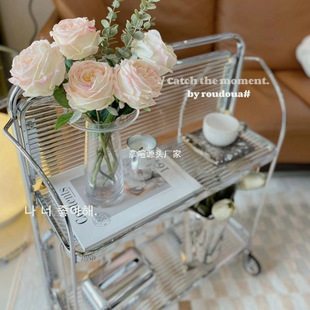 Vintage Foldable Mobile Glass Trolley Ins-Style Flower Stand Dining Cart Trendy Transparent