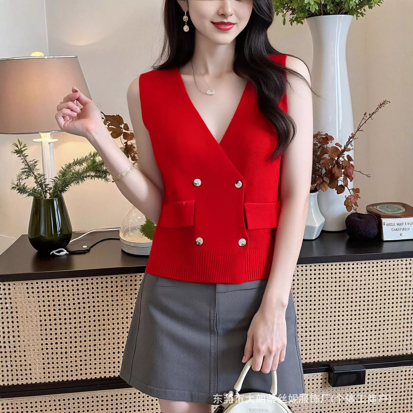 学院风v领针织开衫背心马甲女春季衬衫叠穿坎肩外搭无袖马夹上衣