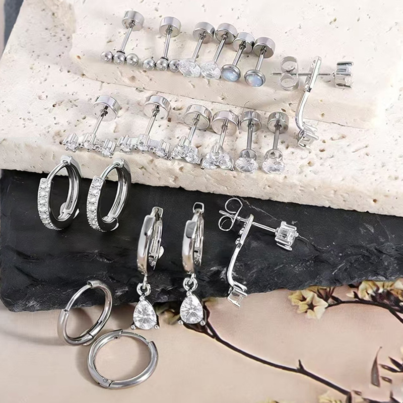 10-Pair Fashion Stainless Steel CZ Butterfly Clasp Earrings & Hoop Earring Set Silver detail image 7