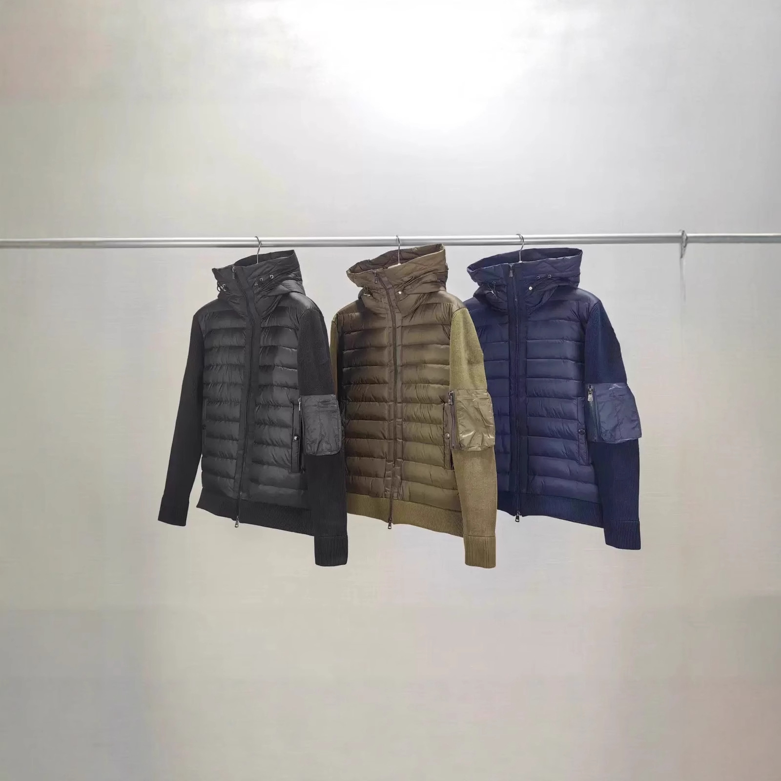M's Autumn and Winter Knitted Cardigan Spliced down Jacket Hooded Zipper Wool Sleeves Short Couple Men's down Jacket