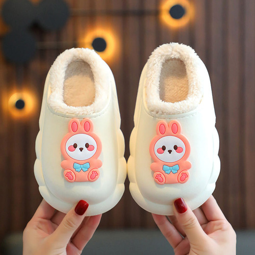New children's cotton slippers with a hat, hole-toe design, warm and cartoon-like, outdoor, beach-proof, waterproof, lightweight soles, baby slippers