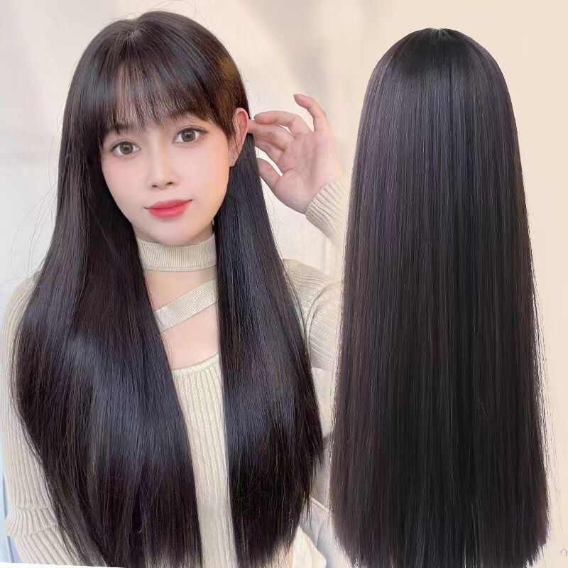 Wig women's long hair full head cover one-piece black long air straight wig fashion full top simulation hair can be tied hair cover