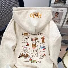 韩系流行新款重工刺绣狗狗连帽卫衣女秋冬复古减龄可爱加绒外套薄