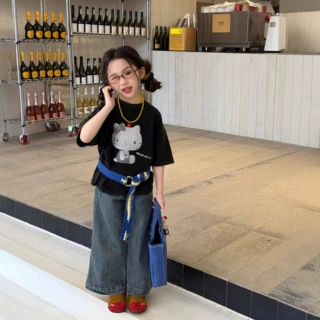 芙果女童短袖26春夏新款黑色炒洗卡通打底衫女宝宽松上衣儿童半袖
