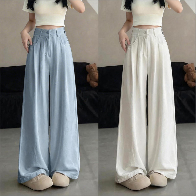 Ice Silk Milk Silk Yamamoto Pants for Women, Summer Thin Style 2026 New Straight-Leg Drape Loose Lazy Style Suit Wide-Leg Pants