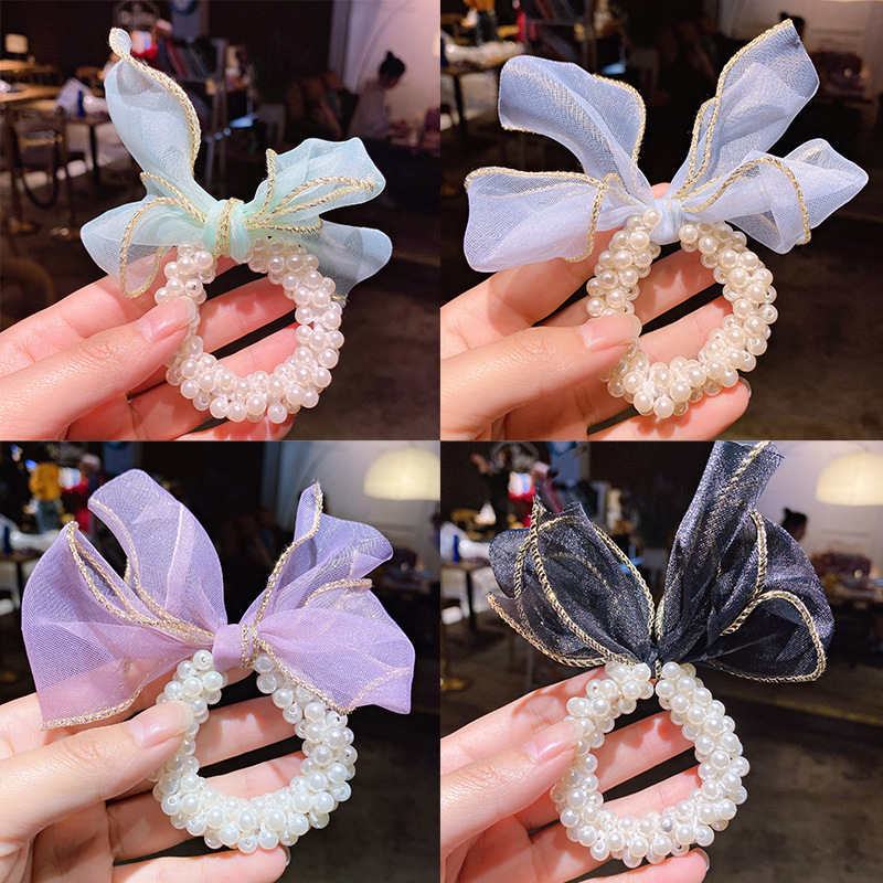 South Korea summer pearl hair ring black lace mesh drum knot rope hair children's gluten hair rope hair circle fairy