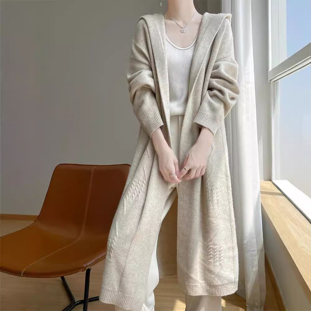 Pure Wool Hooded Long Knee-length Knitted Cardigan Women's Seven-pin Thick Autumn and Winter Loose Simple Buckle-free Long-sleeved Jacket