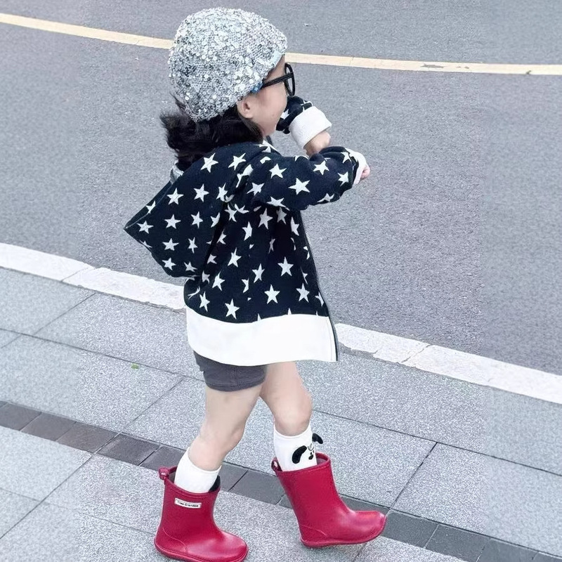 Girls' 2026 Autumn New Hooded Zipper Cardigan Color-Block Top Unisex Baby Spring and Autumn Star Knitted Sweatshirt