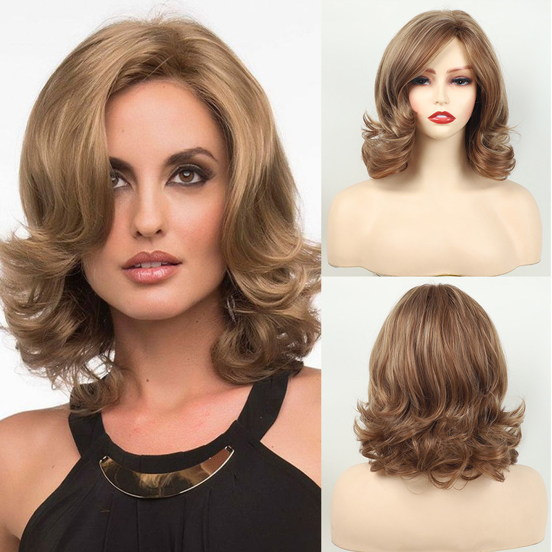 Foreign Trade Wigs, European and American Style, Brown Side-Parted Large Curly Short Synthetic Hair Wigs for Women, Wholesale from Manufacturer Foreign Trade Wigs, European and American Style, Brown Side-Parted Large Curly Short Synthetic Hair Wigs for Women, Wholesale from Manufacturer
