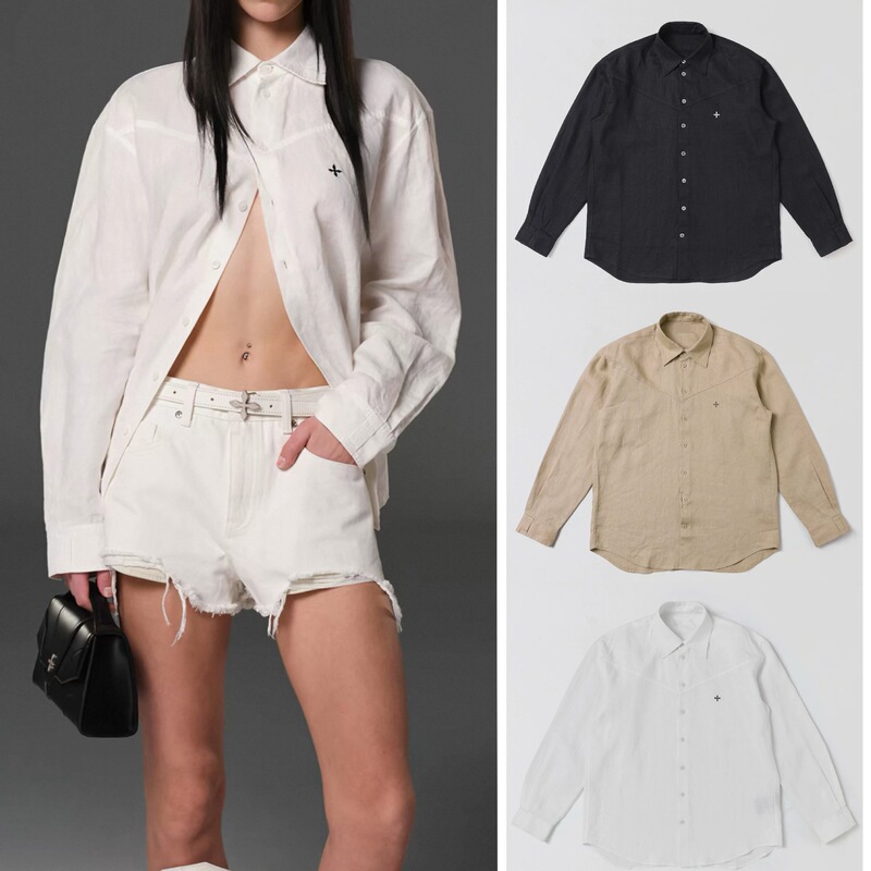 Sk Cross Pattern Shirt/Linen Celebrity Style Casual Loose Solid Color Top Sk Cross Pattern Shirt/Linen Celebrity Style Casual Loose Solid Color Top