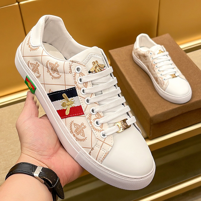 European Station Fuguchi Men's Shoes 2026 New Summer White Sneakers Versatile Bee-Patterned Casual Shoes Men's Genuine Leather Trendy Shoes