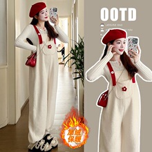 2025秋冬孕妇套装加绒加厚羊羔毛孕妇休闲背带裤直筒裤套装