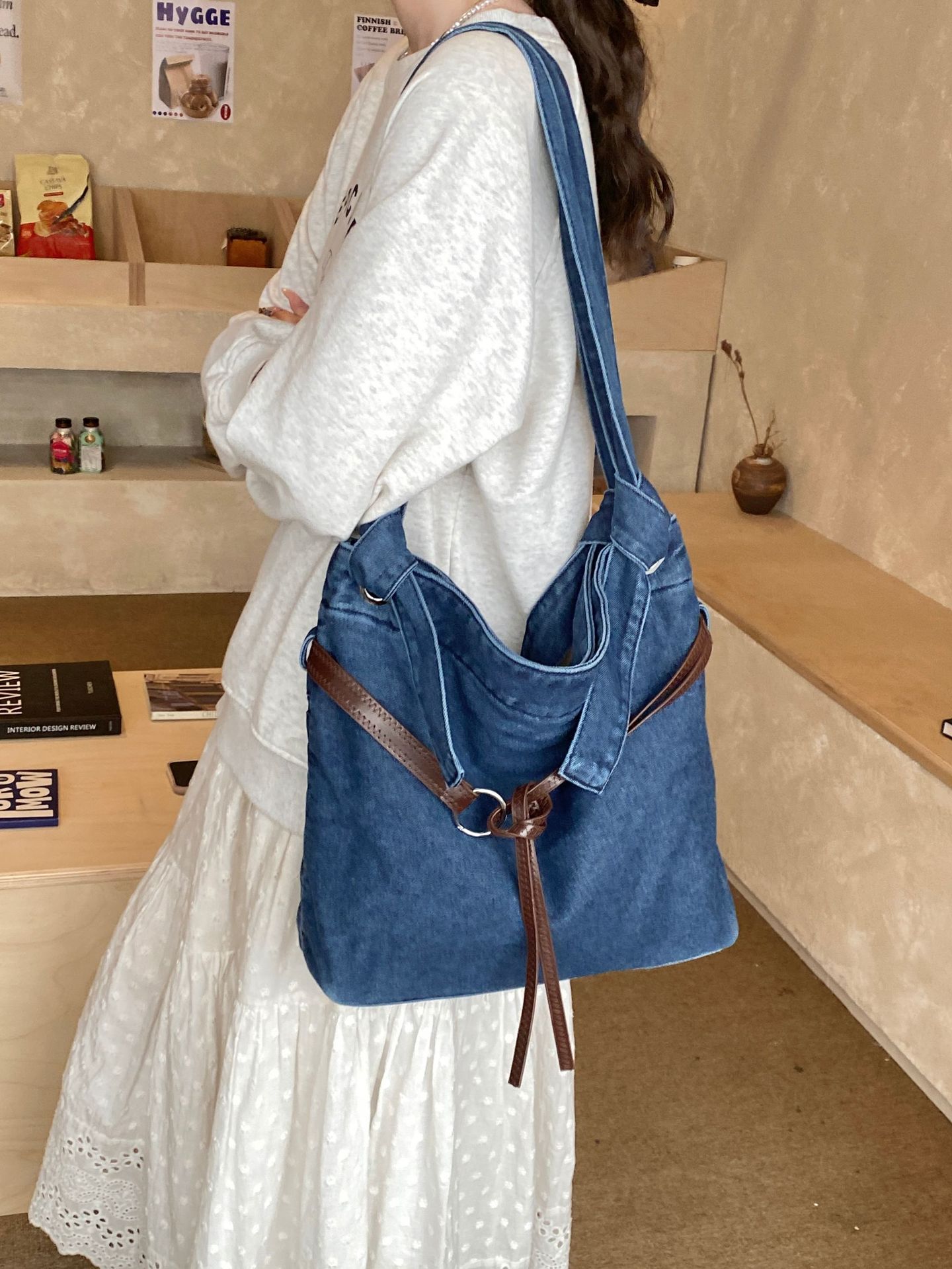 Bolso de denim para mujeres 2026 nuevo cross-border retro bolso de tote de textura casual de alta calidad versátil mochila de hombro