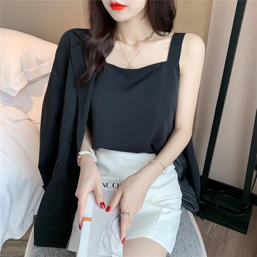 Women's Square Collar Strappy Tank Top  Summer Chiffon Loose Black and White Innerwear Outerwear Sleeveless Base Shirt Top Wholesale