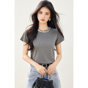 Niche Sequin Round Neck T-shirt Loose Pink White All-match Short-sleeve Korean Style Top Women's Summer