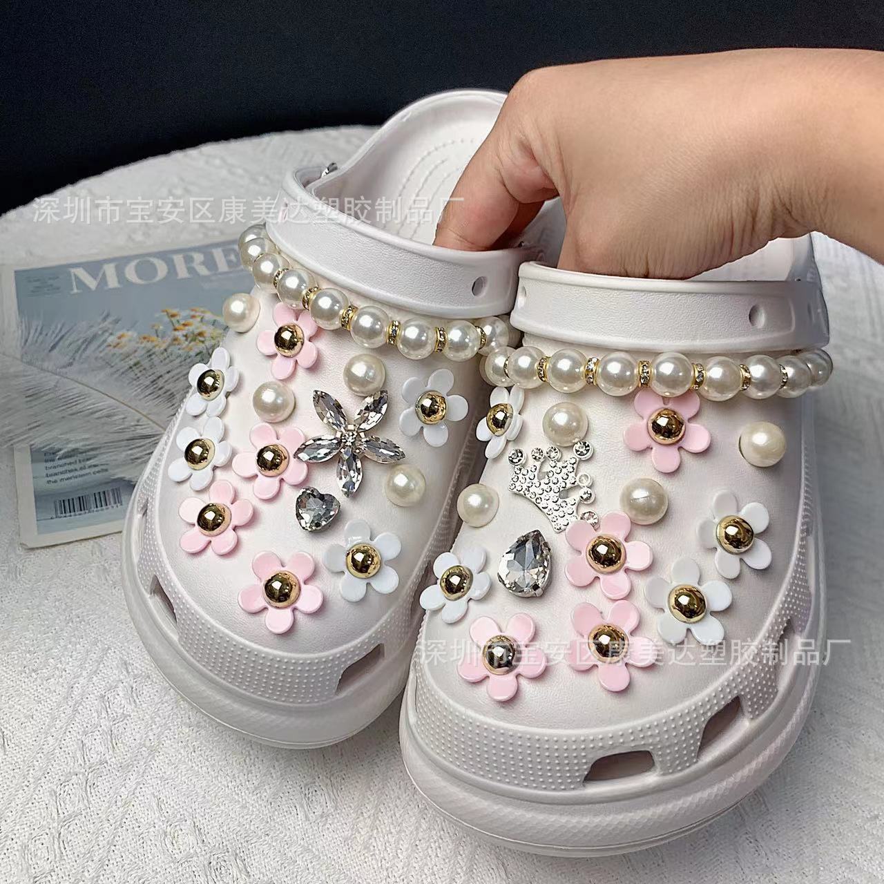 K127-Crystal 다섯 잎 꽃 왕관 세트 모조 다이아몬드 진주 체인 (신발 제외)