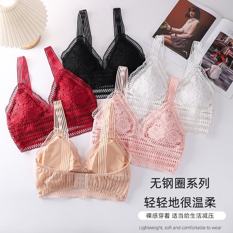 571#花朵刺绣镂空性感美背裹胸跨境新款无钢圈玻璃丝肩带背扣文胸