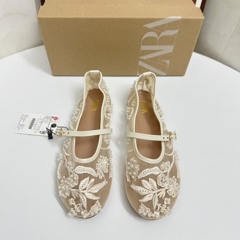 ZA スペイン 2025 夏の新女性の靴人工真珠刺繍メッシュバレエシューズファッションパンプス女性のための|undefined