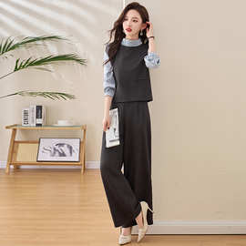 套装女2025春新款一整套穿搭假两件上衣洋气阔腿裤两件套ME5525