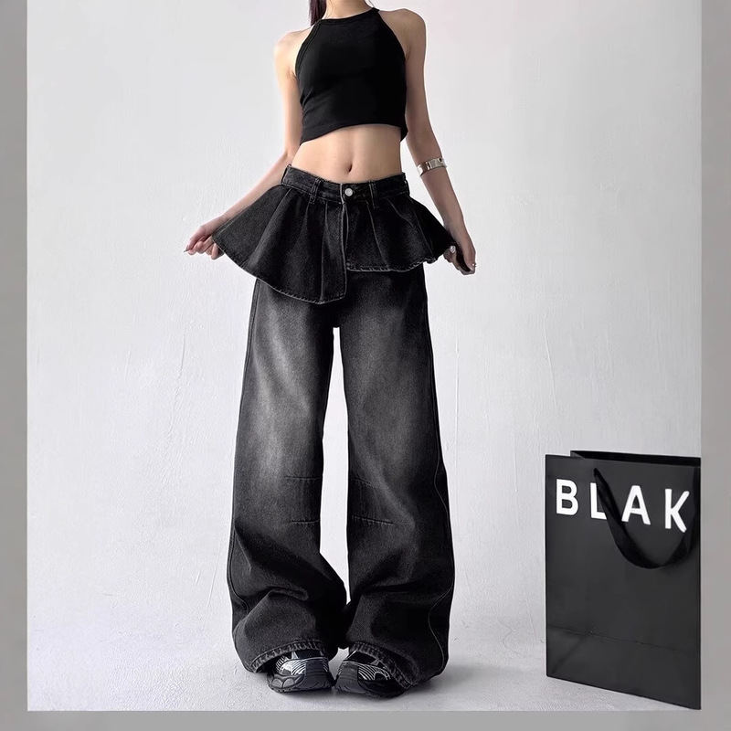 Unique Vintage-Style Faux Two-Piece Jeans for Women with Patchwork Design, Versatile Flared Wide-Leg Pants with a Trendy Feel