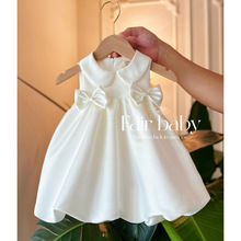 女童生日一周岁礼服儿童花童婚礼公主裙小婚纱白色缎面背心裙高端