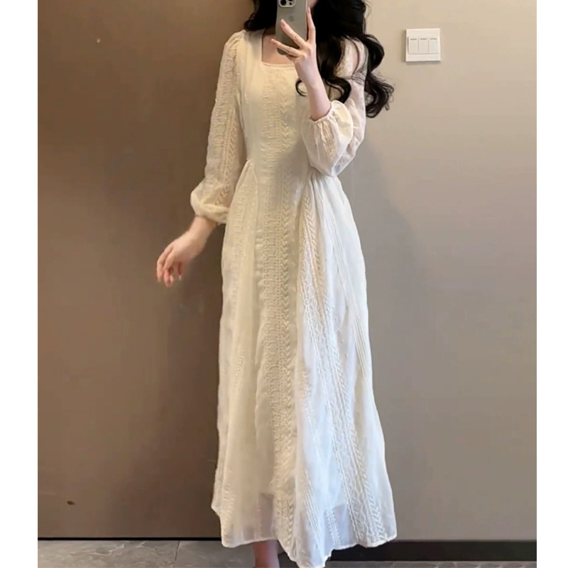 2025新款温柔风重工蕾丝连衣裙子女早秋季法式初恋系白色收腰长裙|undefined