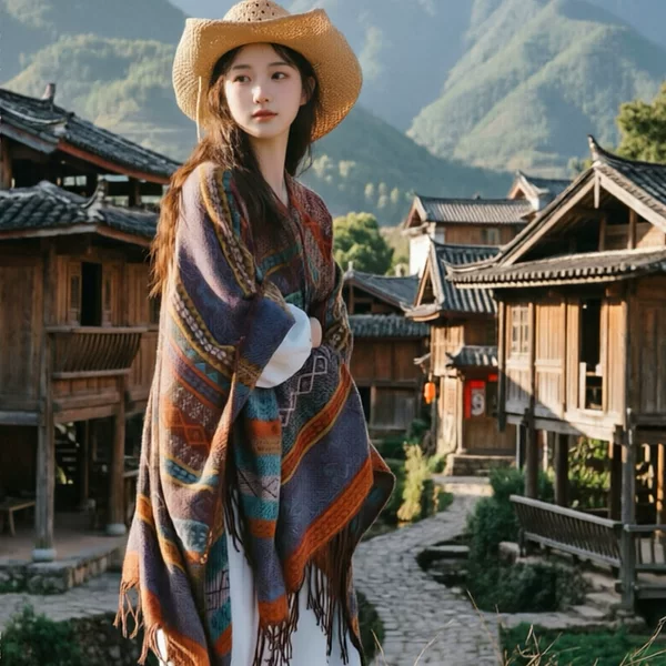 Retro Xinjiang Yunnan Vacation Shawl, Warm Ethnic Style Jacquard Outerwear Cape, Travel Photography Outfit, Beautiful Scarf